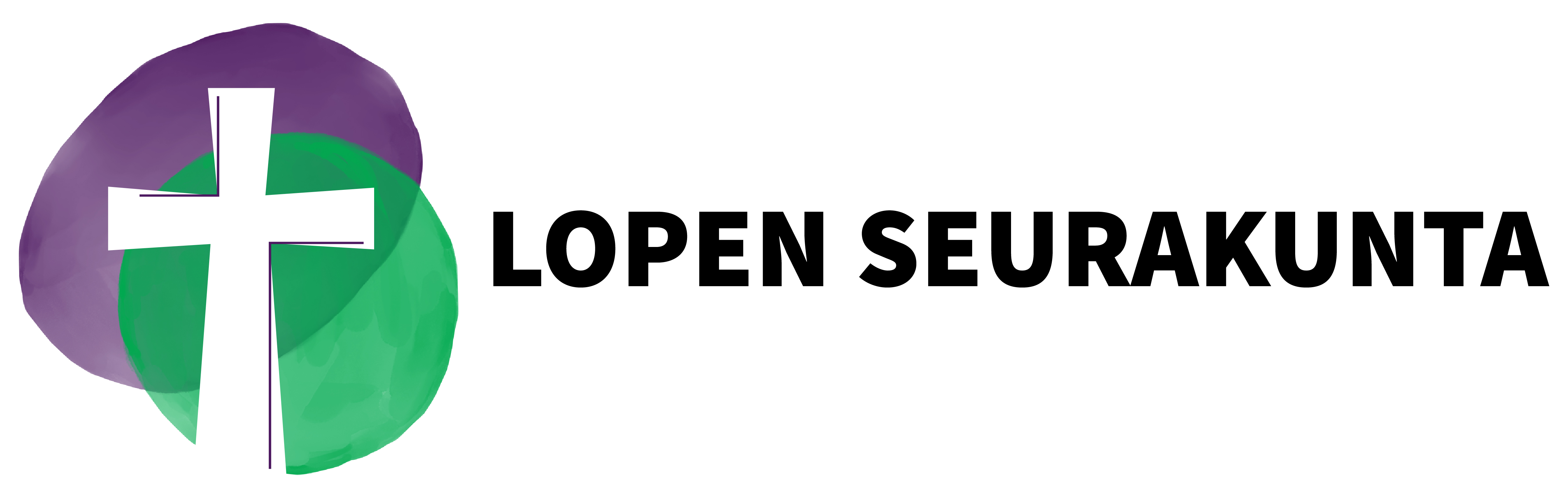 Seurakunnan logossa violetti soikio alla, vihreä soikio päällä sekä valkoinen risti. Teksti Lopen seurakunta