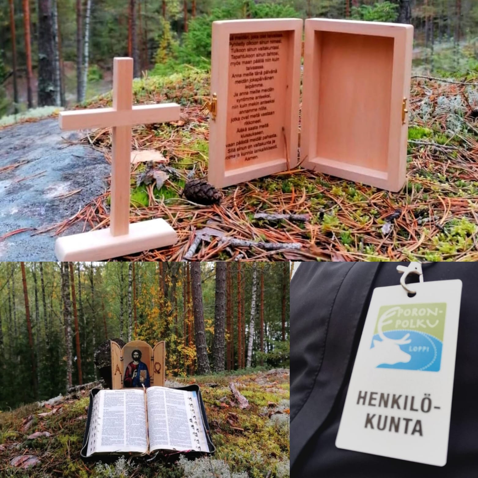 Kuvassa matka-alttareita metsässä ja Poronpolun henkilökuntakortti.